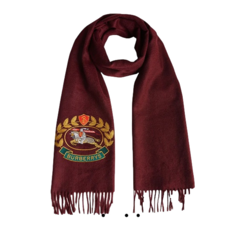 Nwt BURBERRY Classic Cashmere Scarf Embroidered Archive Logo In Burgundy UNISEX